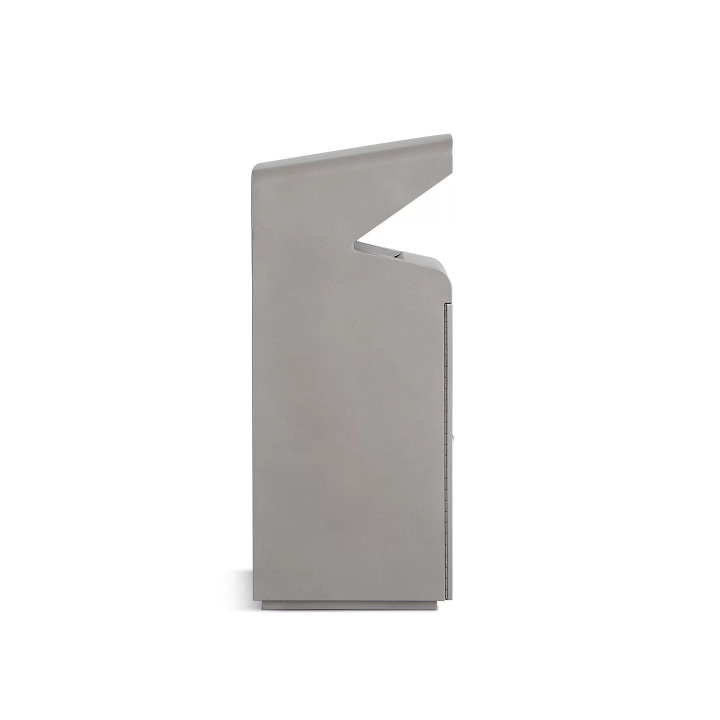 Side view of OTB-84 outdoor metal trash bin with hooded opening