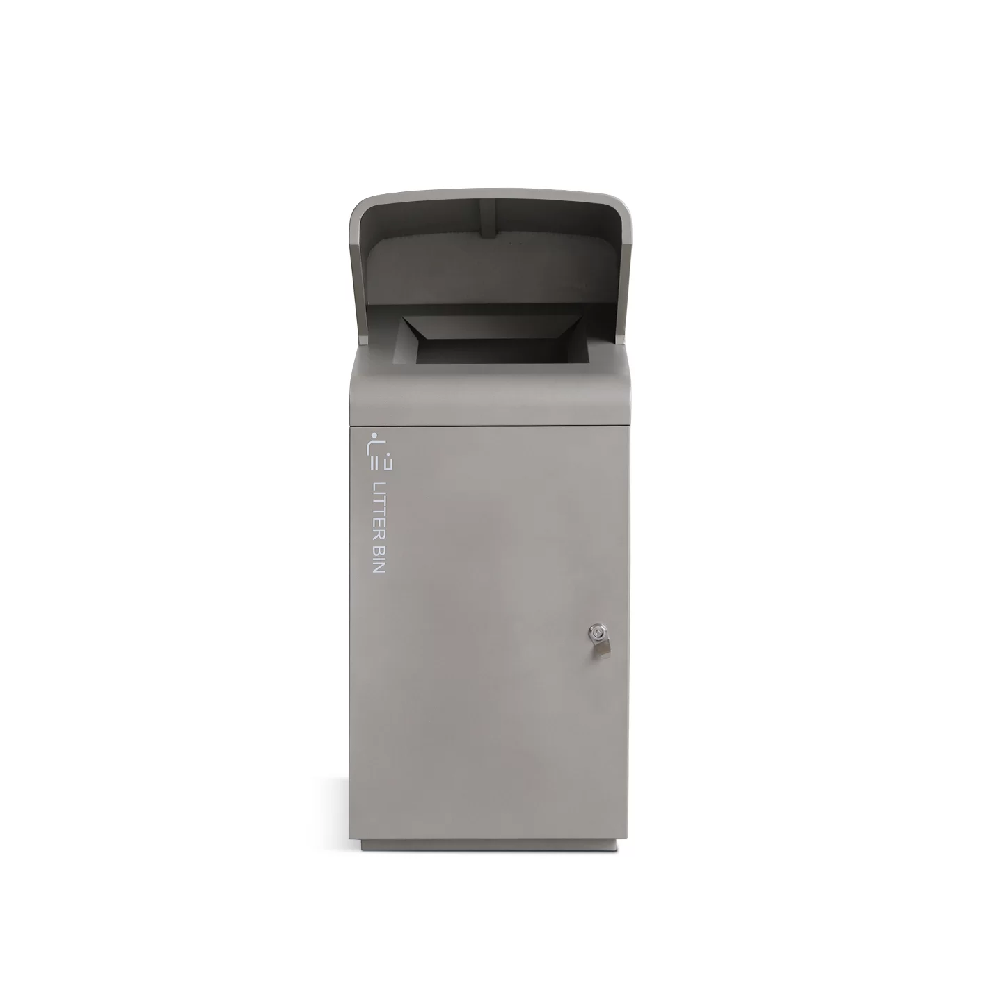 Front view of OTB-84 commercial trash receptacle with lockable door