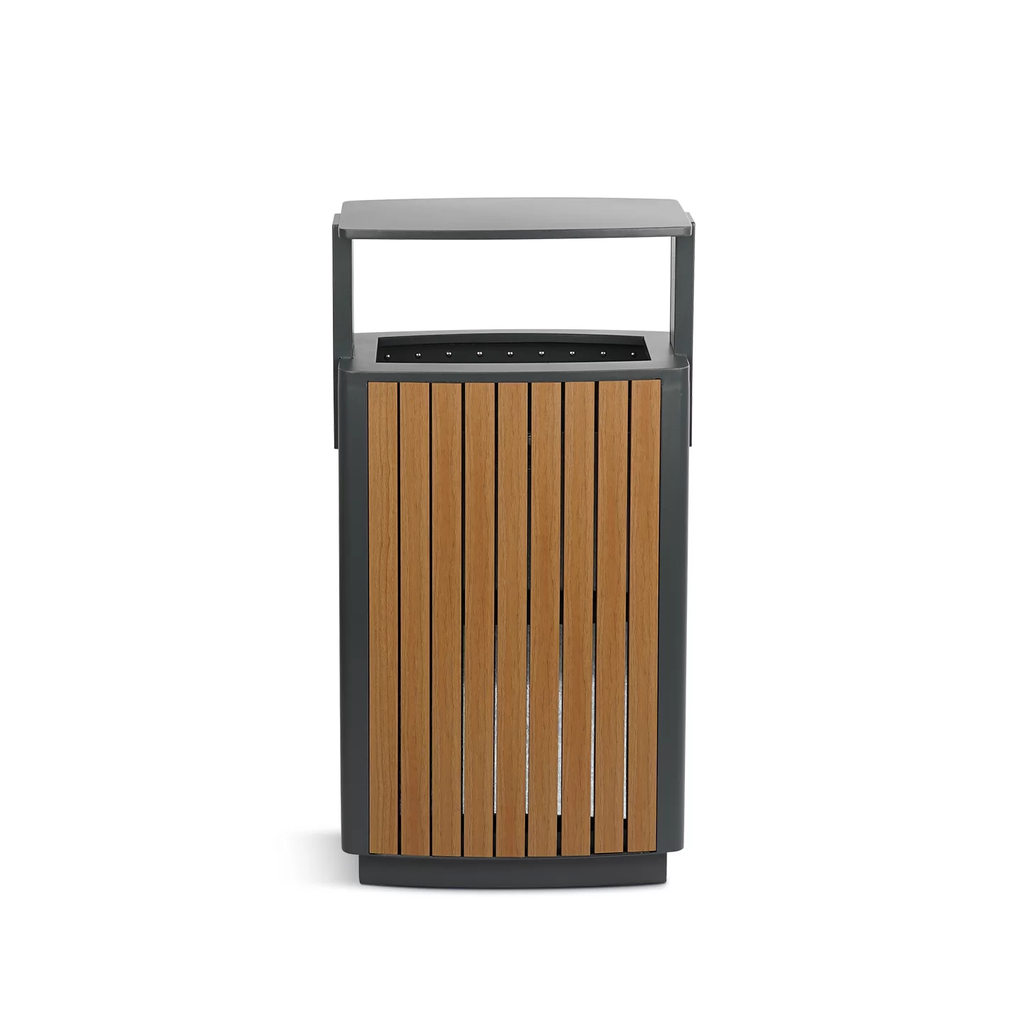 Front view of OTM-16A public waste bin with PS wood-look slats