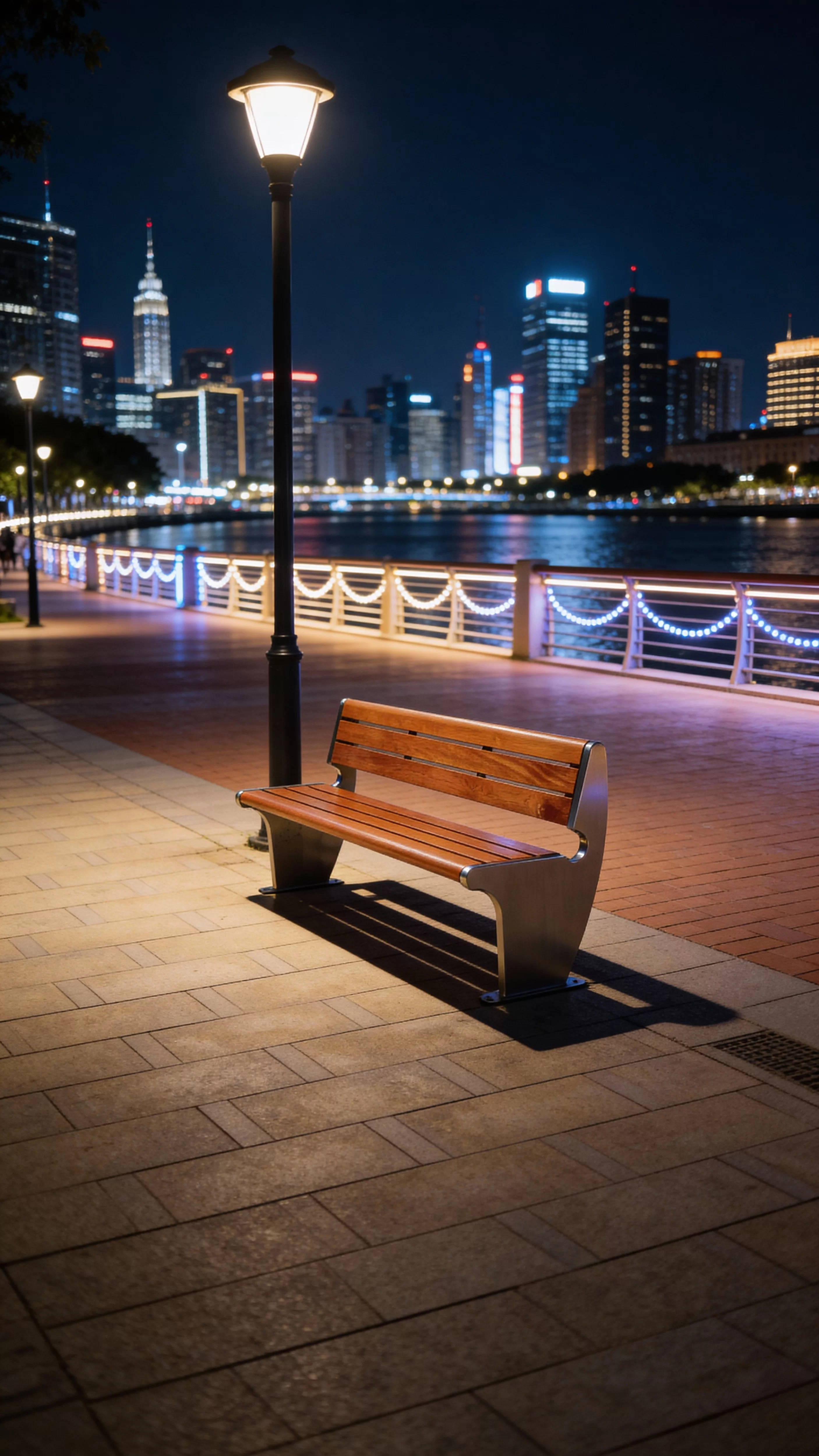 jimeng-2025-12-12-8667-帮我把椅子抠出来,背景换成大城市河边观光带。椅子在路灯下摆放。重点不要改变椅子外...jpg