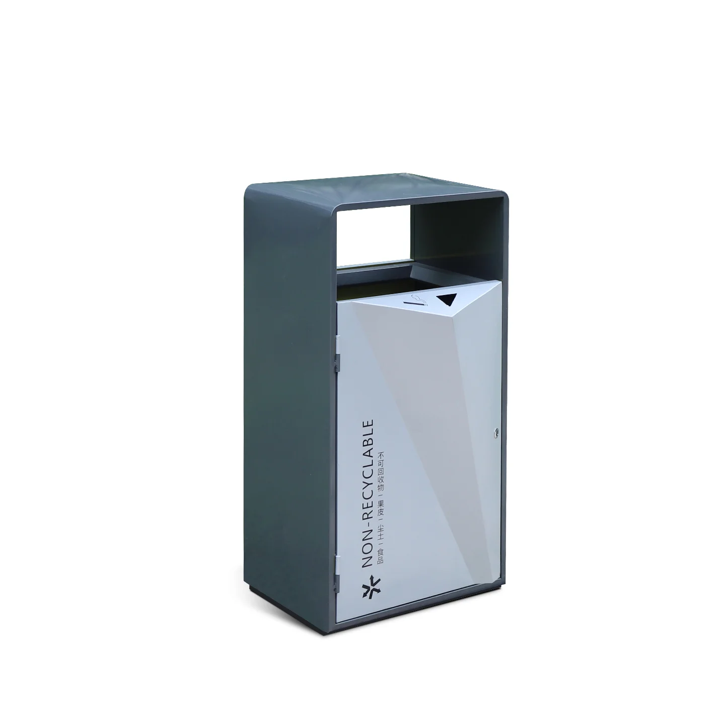 Gray OTB-422 commercial metal waste bin with covered opening