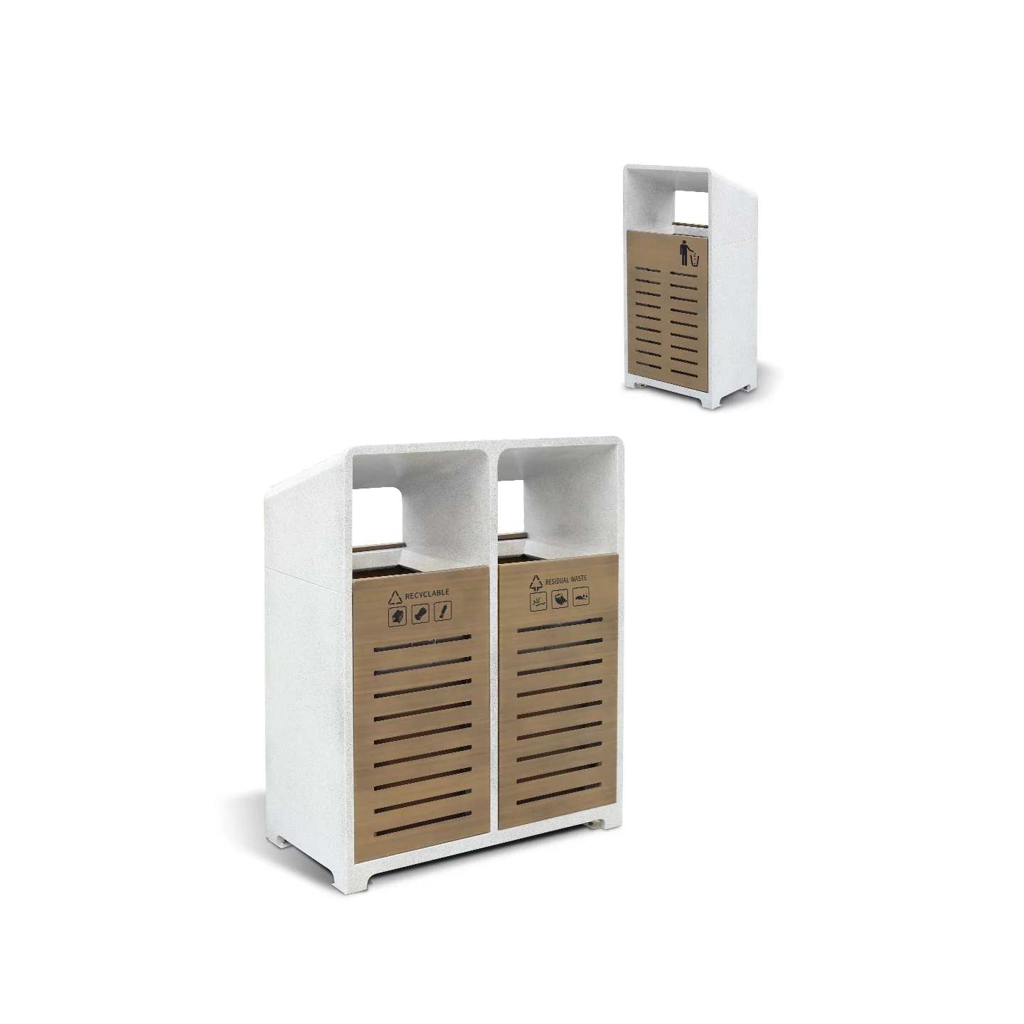 single and dual commercial waste sorting bins with wood-grain doors - OTB-51