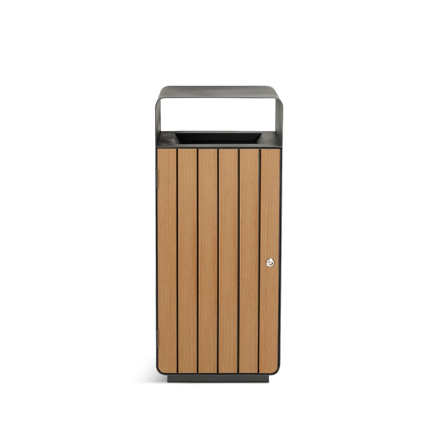 Front view of OTM-04HS park trash can with lockable service door
